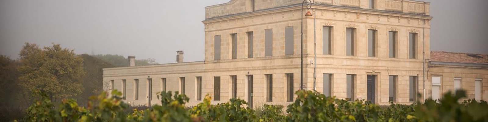 A large, classic stone building surrounded by lush green vineyards under a slightly overcast sky.