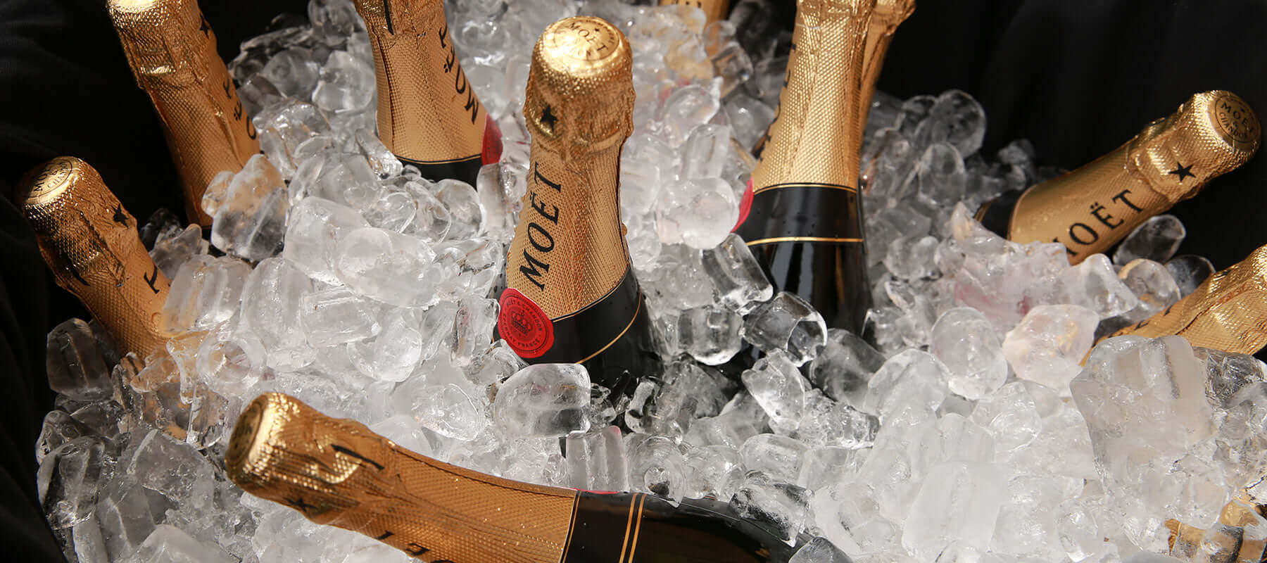 Bottles of Moët champagne are chilled in a bin filled with ice cubes. The bottles have gold foil wrapping on the tops and are partially submerged in ice, creating an elegant and festive atmosphere.