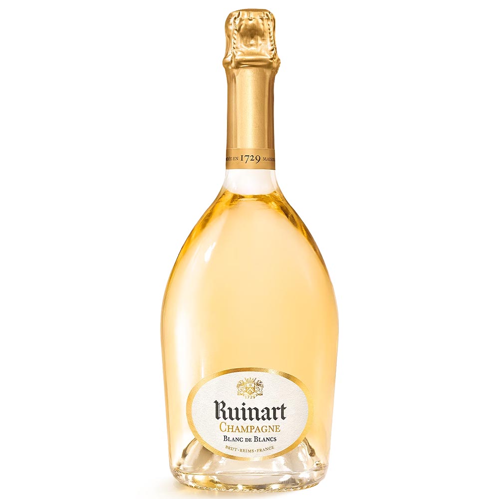 A bottle of Ruinart - Blanc De Blancs champagne features a gold foil adorning the top. The clear glass bottle reveals the light gold liquid within. The label is white and includes gold and black text, prominently displaying the Ruinart brand name and product details.