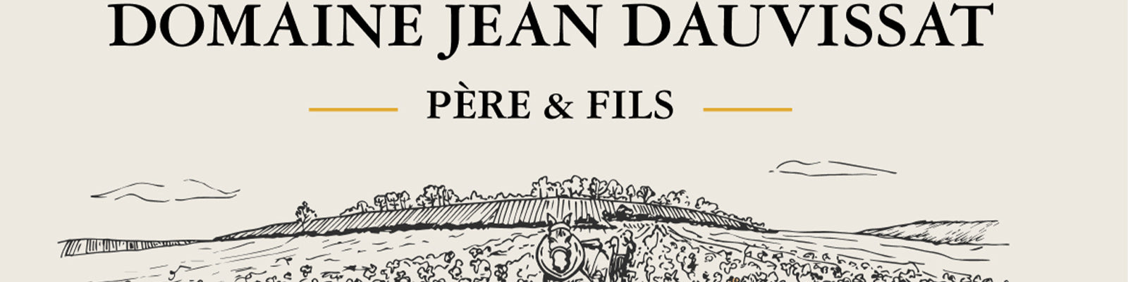 Illustrated vineyard landscape with a person walking among grapevines. The text above reads Domaine Jean Dauvissat Père & Fils.