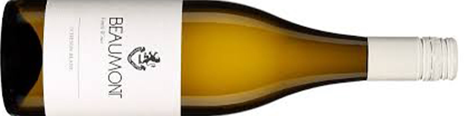 A bottle of Beaumont Chenin Blanc wine lies horizontally. The label features the name Beaumont and an emblem. The bottle has a white cap and a dark-to-light gradient from neck to base.