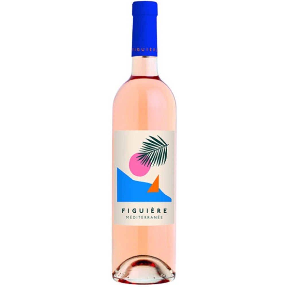 A bottle of Figuière Famille Combard's Figuière - Rosé - Méditerranée IGP, featuring a label with an abstract design that includes a blue shape, pink and orange background, and a green palm leaf illustration, capped with blue.
