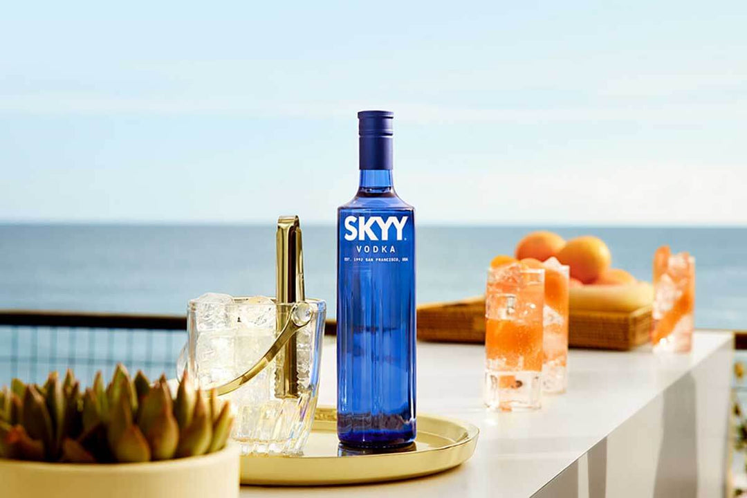 A bottle of SKYY Vodka sits on a tray on a white table with a bucket of ice and glasses of cocktails. The background shows a clear blue sky and ocean, with a basket of oranges on the table. A potted succulent is in the foreground.