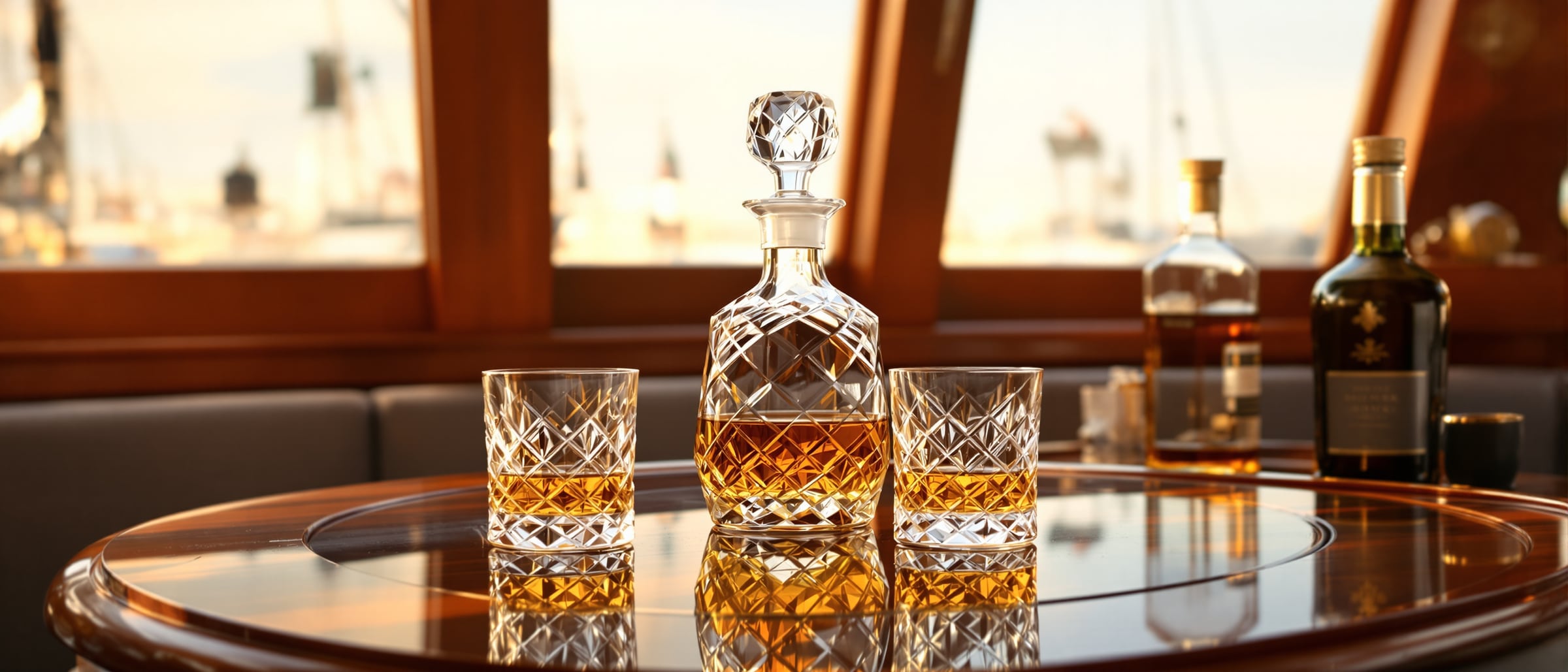 Crystal whisky decanter and tumblers on a yacht saloon table — rare spirits from Onshore Cellars